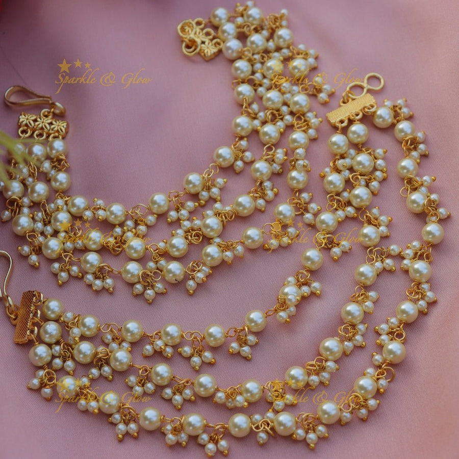 Elegant Three layered Pearl cluster Earchain - Sparkle and Glow - 