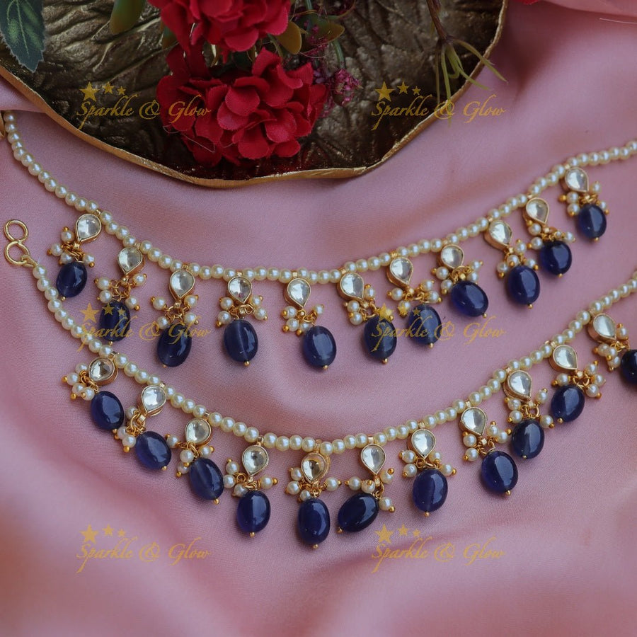Statement Jadau kundan stone waterdrop pearl earchain with Navyblue beads - Sparkle and Glow - 