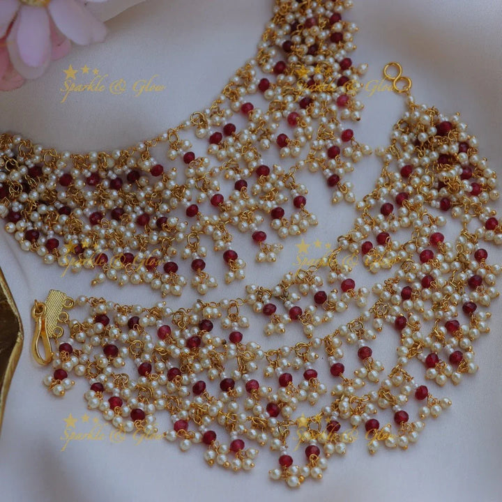 Stunning Three layered Pearl earchain with Red beads and pearls-Red - Sparkle and Glow