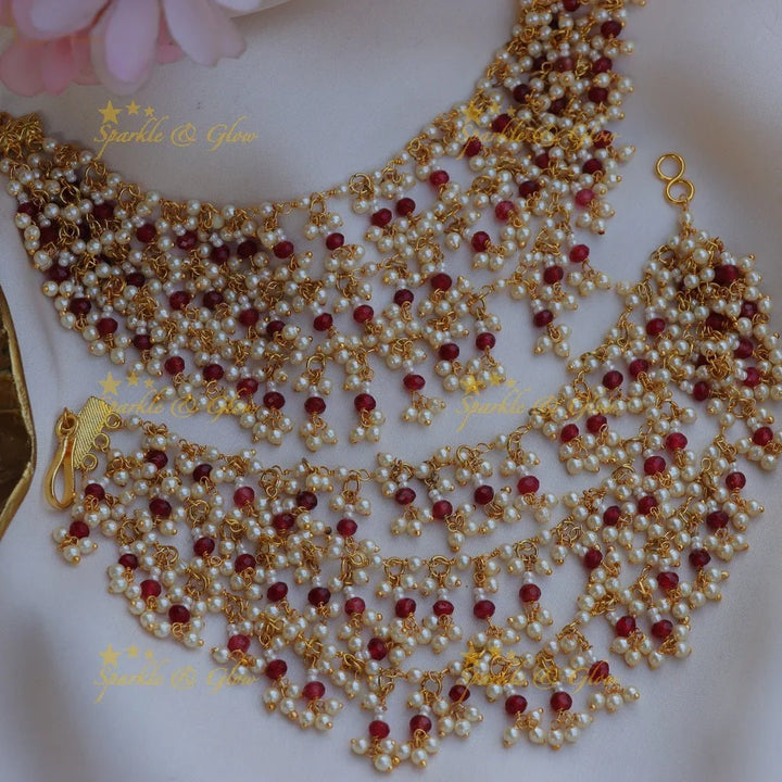 Stunning Three layered Pearl earchain with Red beads and pearls-Red - Sparkle and Glow