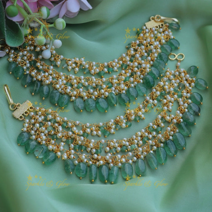 Stunning Three layered Pearl cluster Earchain with Pink beads - Sparkle and Glow - Mintgreen - 