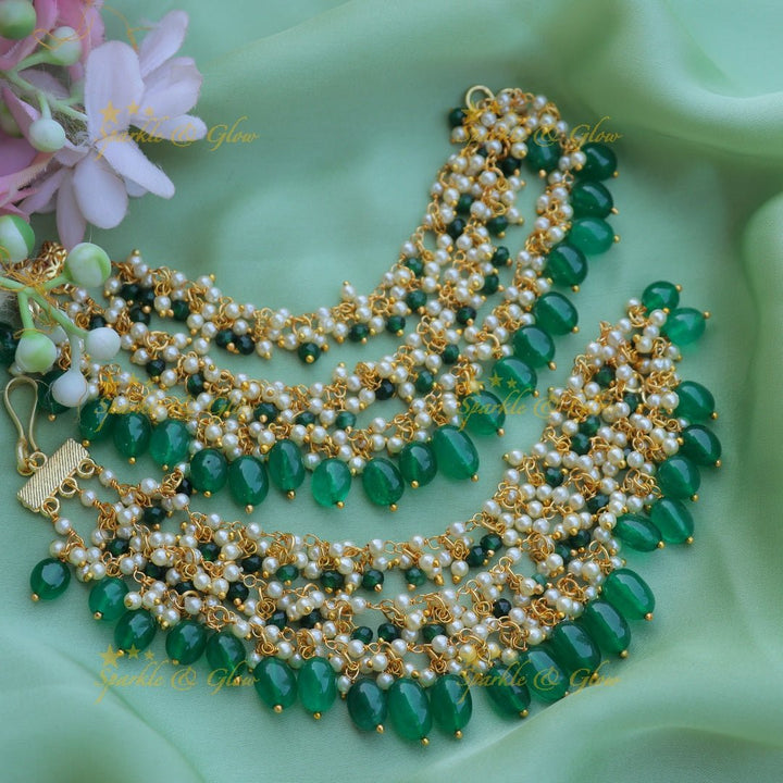 Stunning Three layered Pearl cluster Earchain with Pink beads - Sparkle and Glow - Green - 