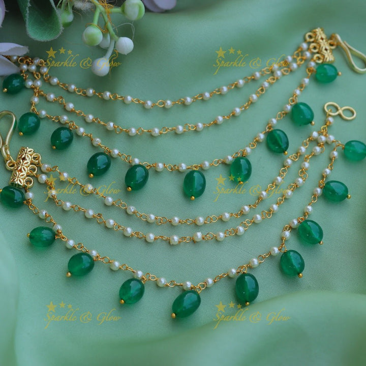 Beautiful Three layered Emerald Beaded Earchain - Sparkle and Glow - 