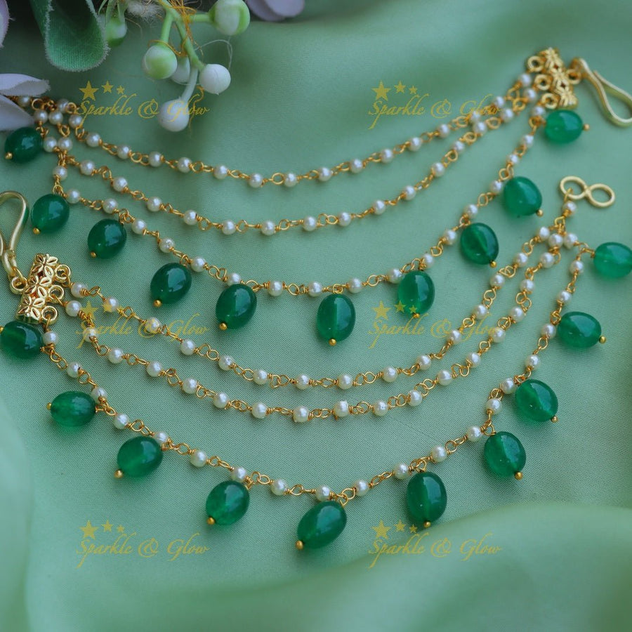 Beautiful Three layered Emerald Beaded Earchain - Sparkle and Glow - 