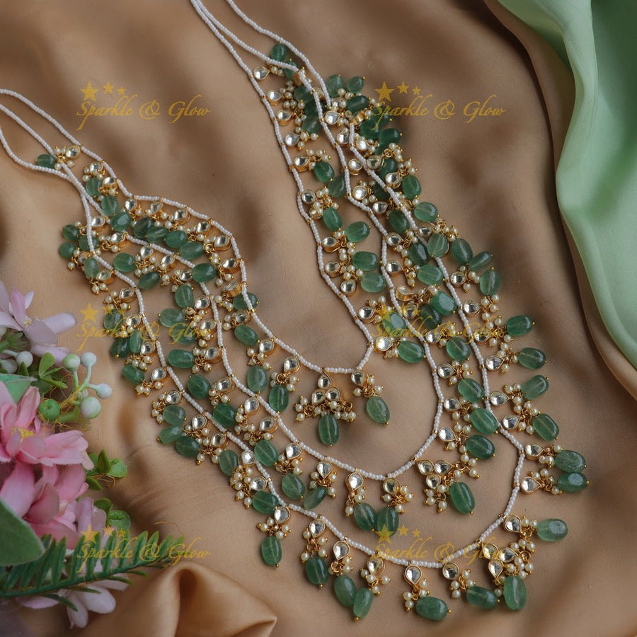 Stunning Jadau Pachi Kundan layered Haram with Mintgreen beads - Sparkle and Glow - Back Thread - 
