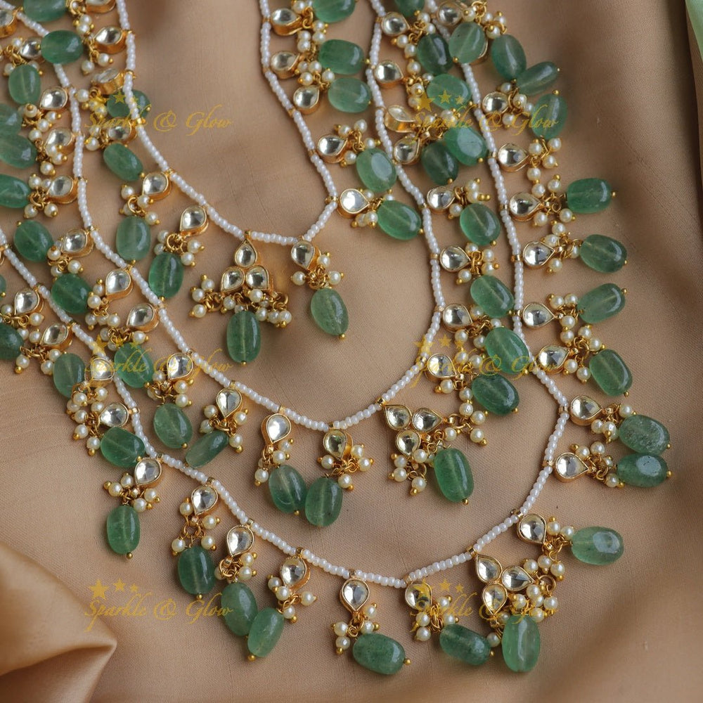 Stunning Jadau Pachi Kundan layered Haram with Mintgreen beads - Sparkle and Glow - Back Thread - 