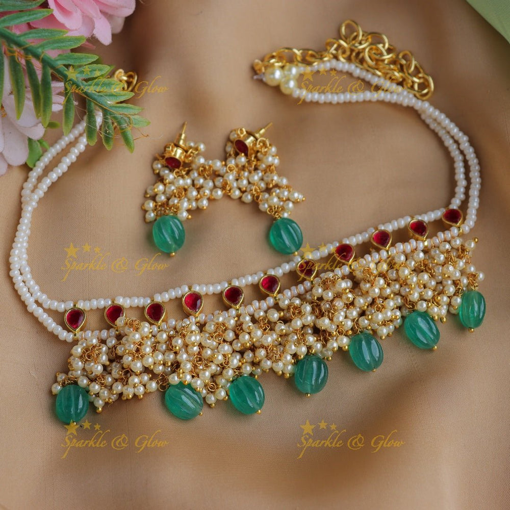 Stunning Jadau Kundan Guttapusalu beaded short necklace - Sparkle and Glow - Back Thread - 