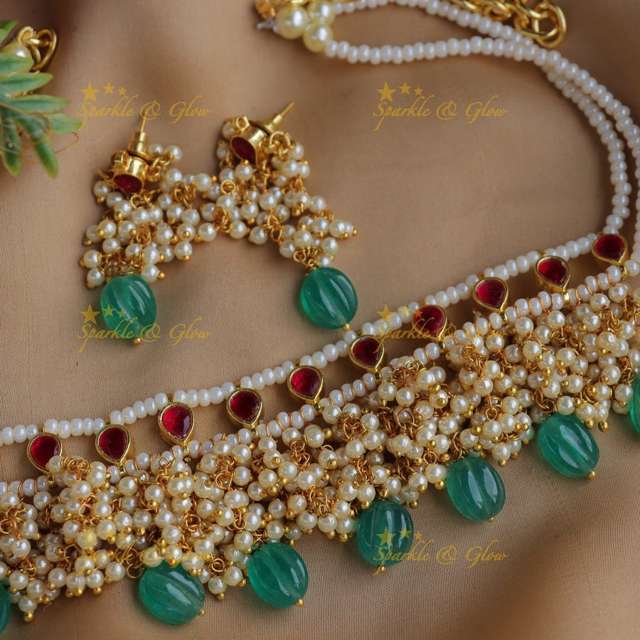 Stunning Jadau Kundan Guttapusalu beaded short necklace - Sparkle and Glow - Back Thread - 
