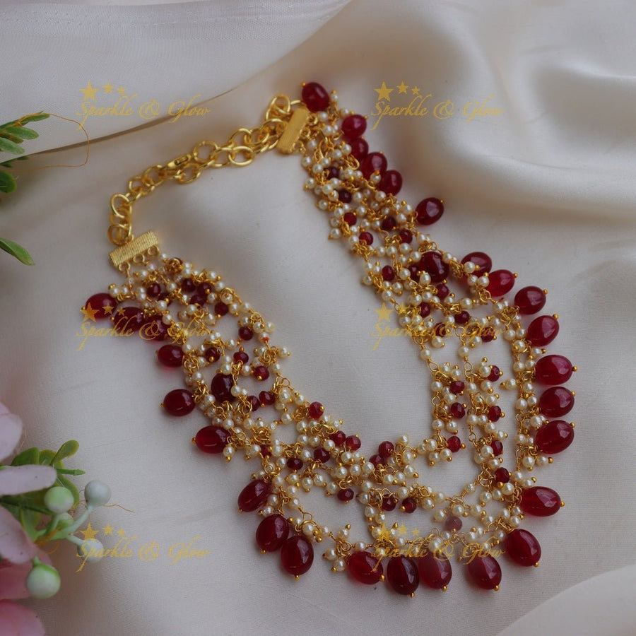 Stunning Three layered short necklace with red beads and pearls - Sparkle and Glow - Back Thread - 