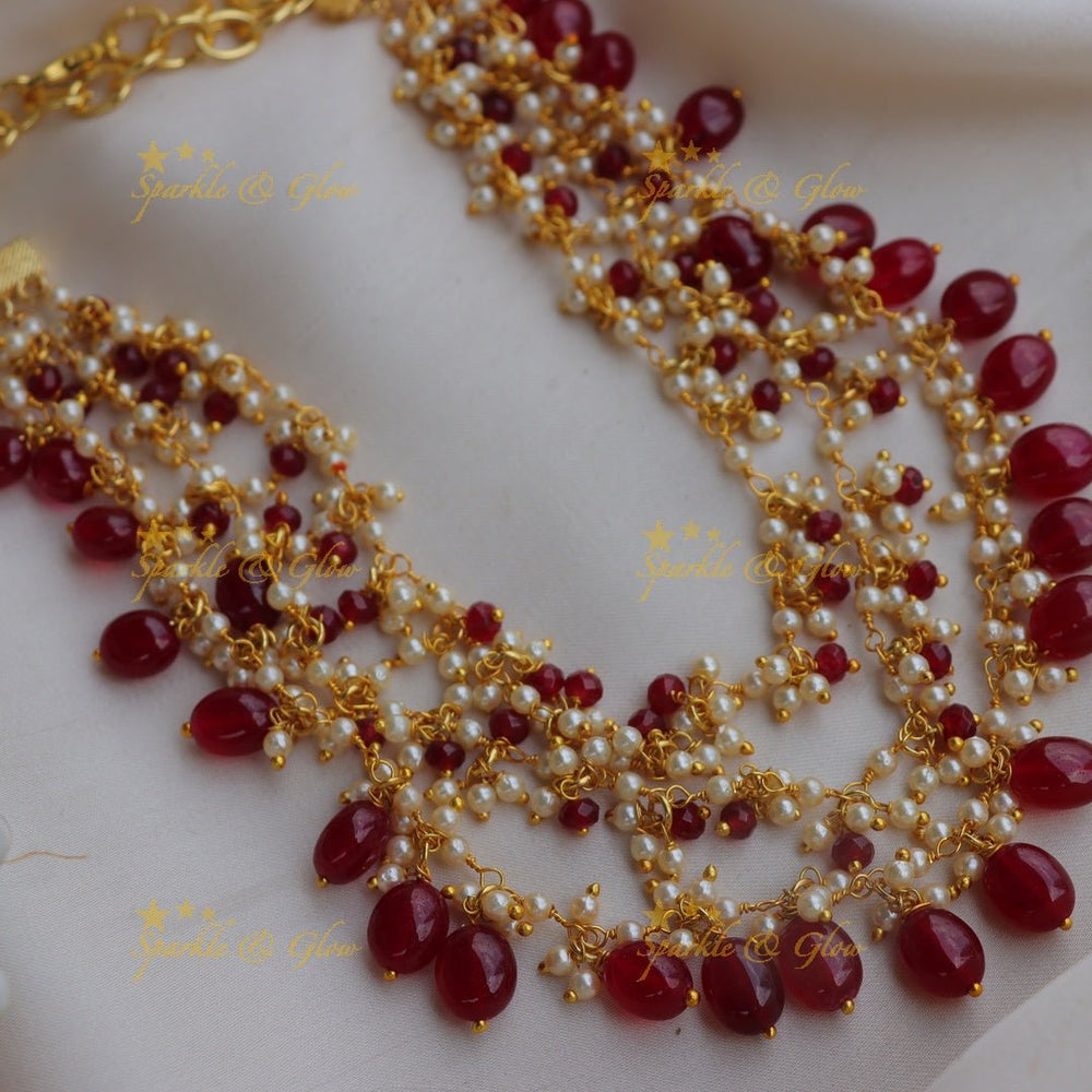 Stunning Three layered short necklace with red beads and pearls - Sparkle and Glow - Back Thread - 