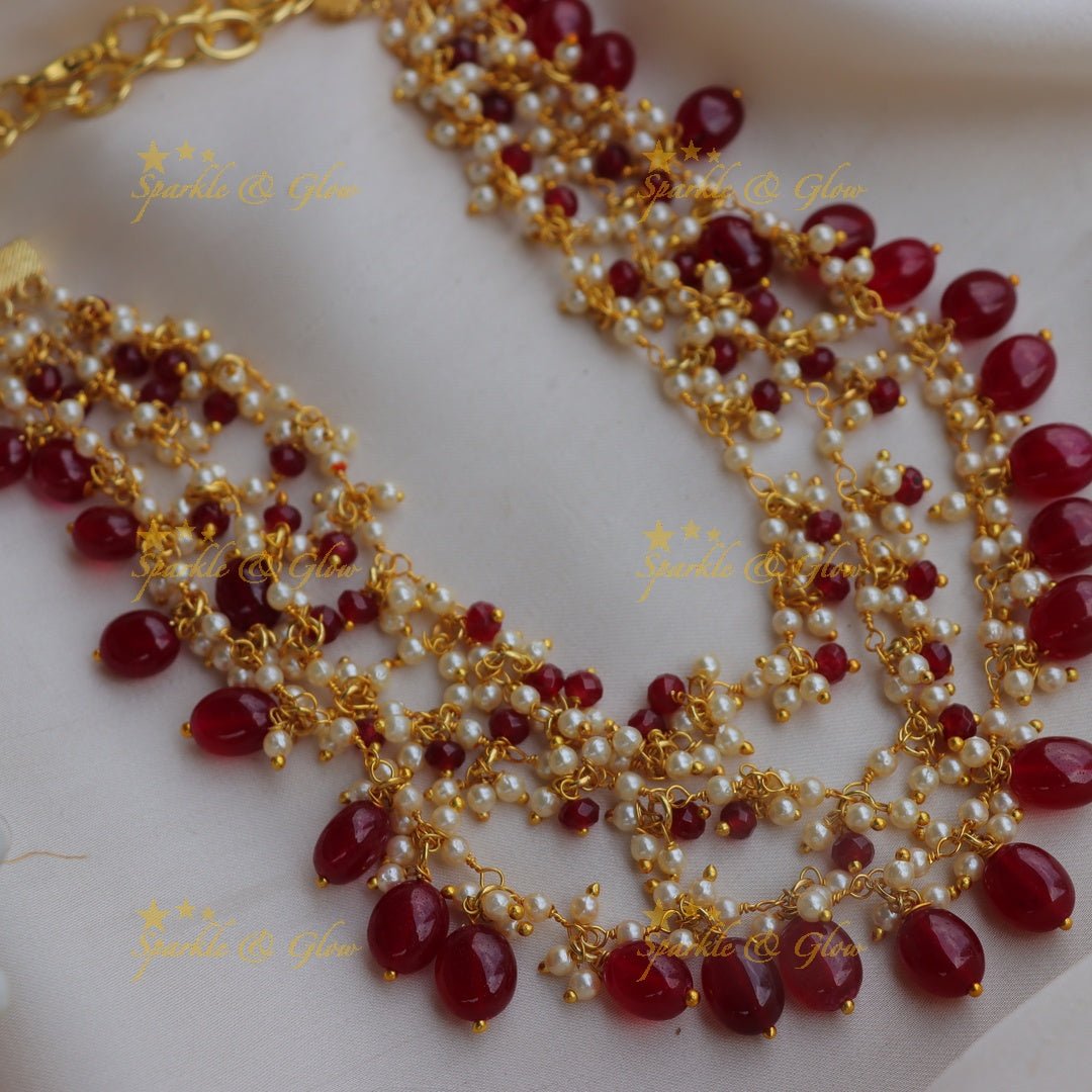 Stunning Three layered short necklace with red beads and pearls - Sparkle and Glow - Back Thread - 