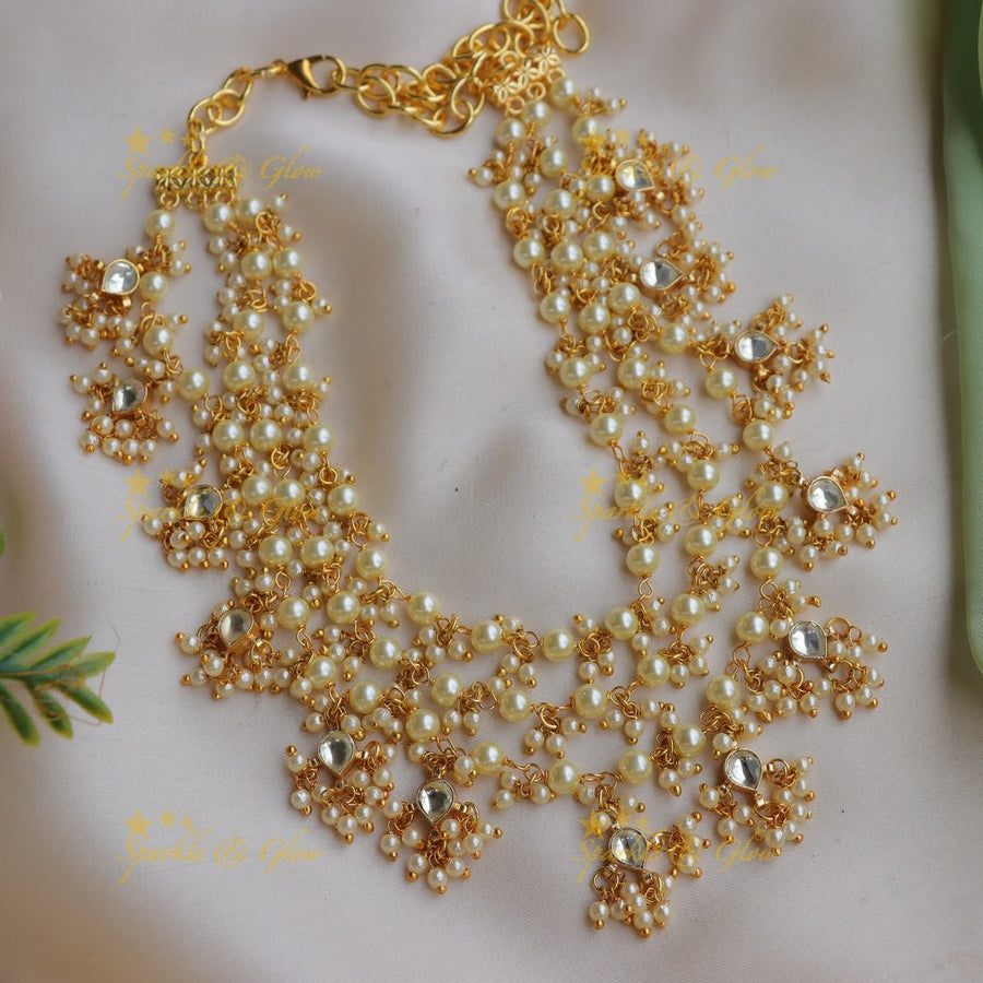 Stunning Jadau Kundan Three layered short necklace with pearls - Sparkle and Glow - Back Thread - 