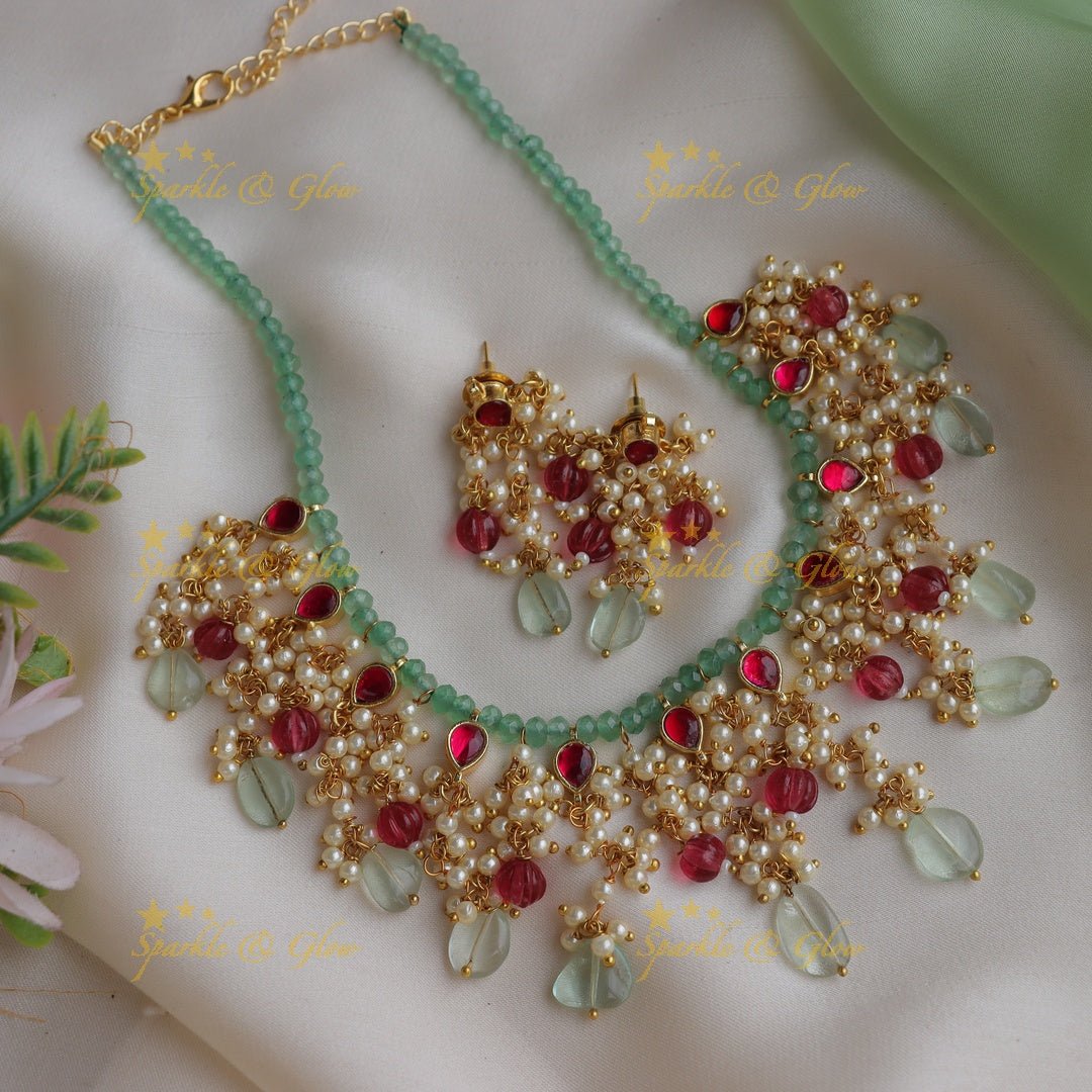 Beautiful Jadau Kundan mintgreen beaded Short necklace with Red beads and pearls - Sparkle and Glow - Back Thread - 