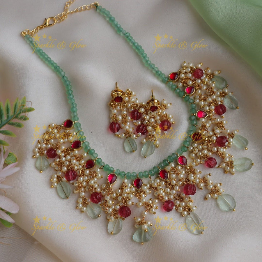 Beautiful Jadau Kundan mintgreen beaded Short necklace with Red beads and pearls - Sparkle and Glow - Back Thread - 