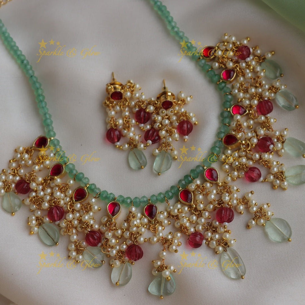 Beautiful Jadau Kundan mintgreen beaded Short necklace with Red beads and pearls - Sparkle and Glow - Back Thread - 