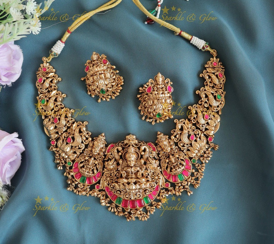 Stunning Idol Lakshmi Peacock carved Jadau short necklace with gold beads - Sparkle and Glow - Gold - 