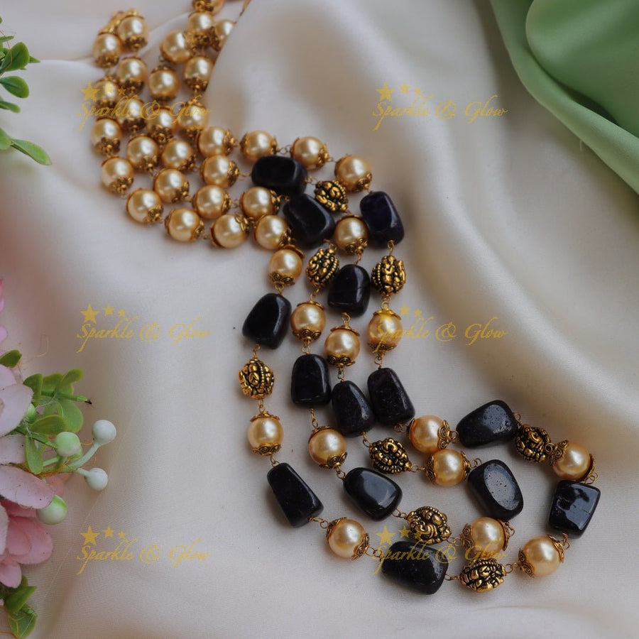 Stunning Two Layer Beaded Mala with Pearls and black beads - Black - Sparkle and Glow - 