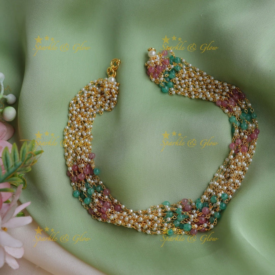 Stunning Multilayered short necklace with Multicolour beads - Sparkle and Glow - Back Thread - 