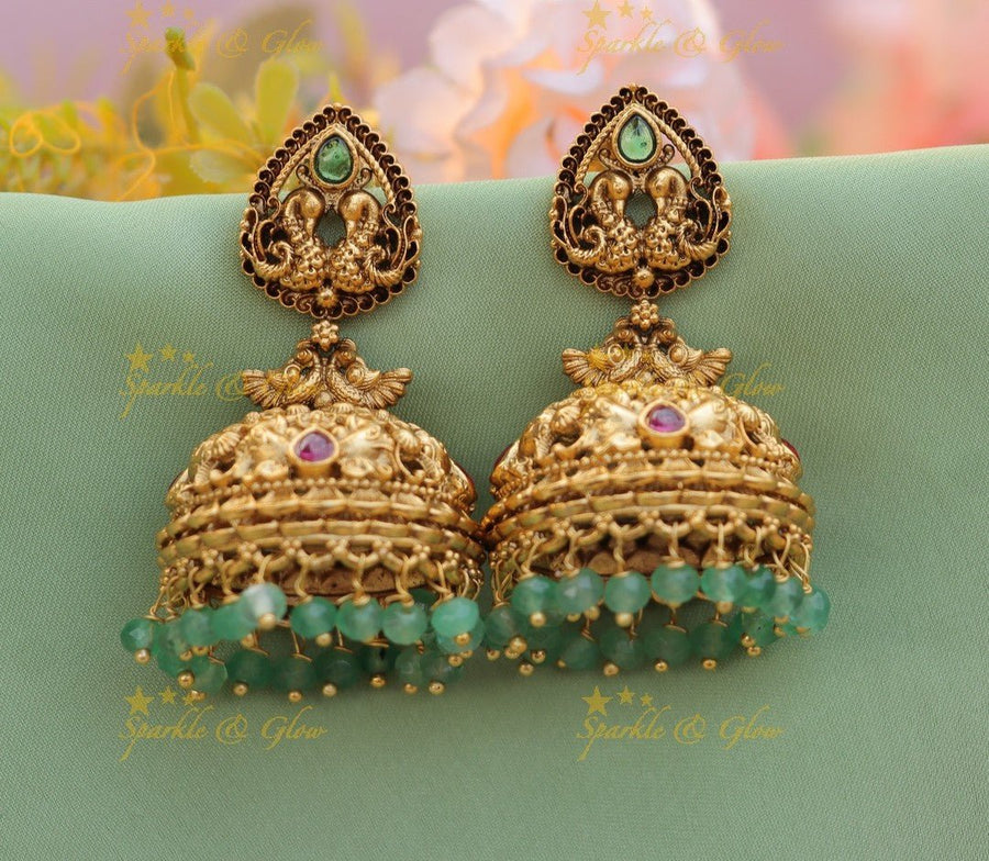 Elegant Dual tone Peacock Jhumuka with Mintgreen beads - Mintgreen - Sparkle and Glow - Mintgreen - 