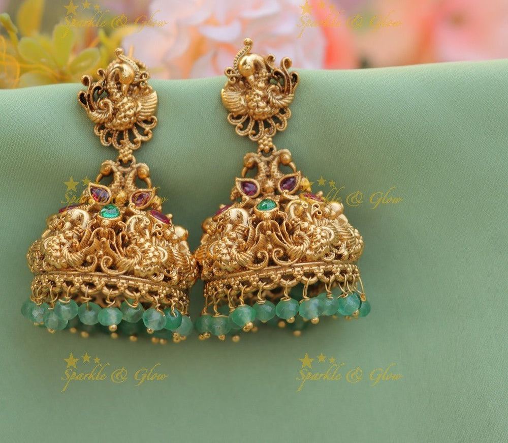 Stunning Peacock studded Floral Jhumuka with Mintgreen beads - Mintgreen - Sparkle and Glow - Mintgreen - 