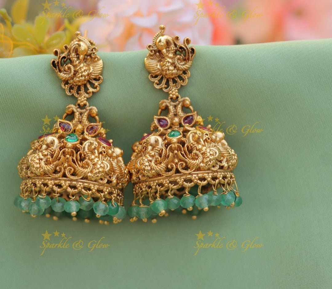 Stunning Peacock studded Floral Jhumuka with Mintgreen beads - Mintgreen - Sparkle and Glow - Mintgreen - 