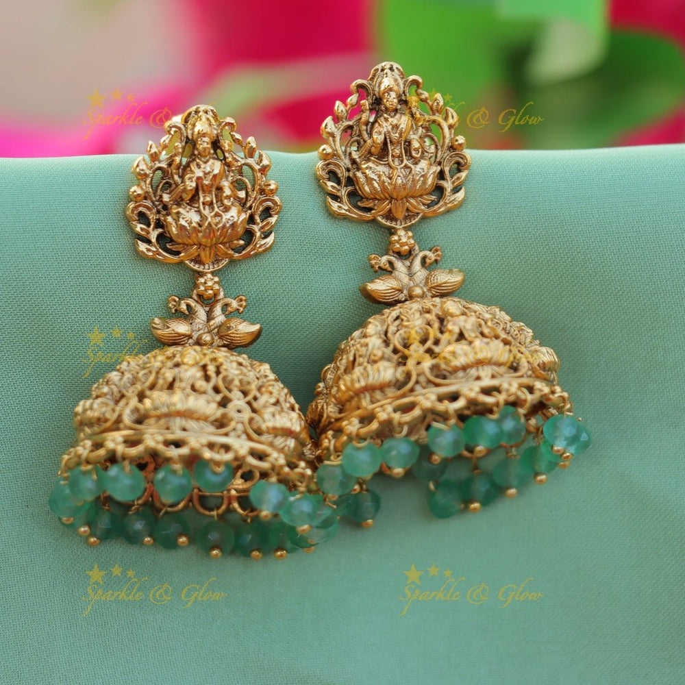 Gracious Idol Lakshmi Peacock kemp Jhumuka with Mintgreen beads - Mintgreen - Sparkle and Glow - Mintgreen - 