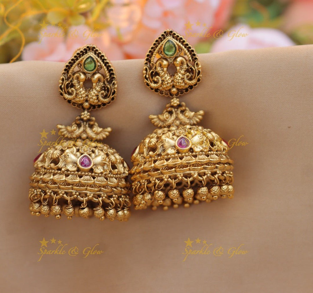 Elegant Dual tone Peacock Jhumuka with Mintgreen beads - Mintgreen - Sparkle and Glow - Gold - 