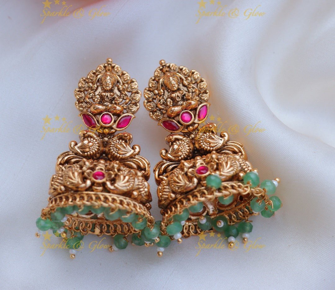 Stunning Bridal Lakshmi Peacock carved kemp Jhumuka - Mintgreen - Sparkle and Glow - Mintgreen - 