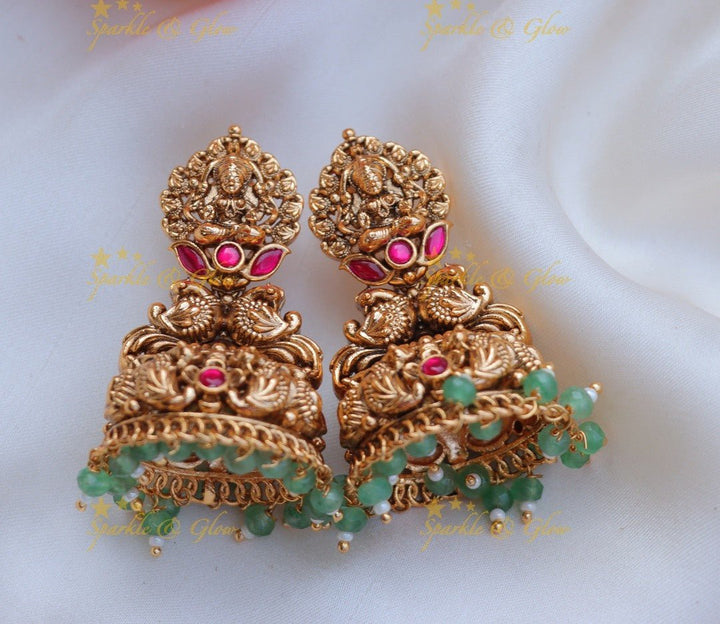 Stunning Bridal Lakshmi Peacock carved kemp Jhumuka - Mintgreen - Sparkle and Glow - Mintgreen - 