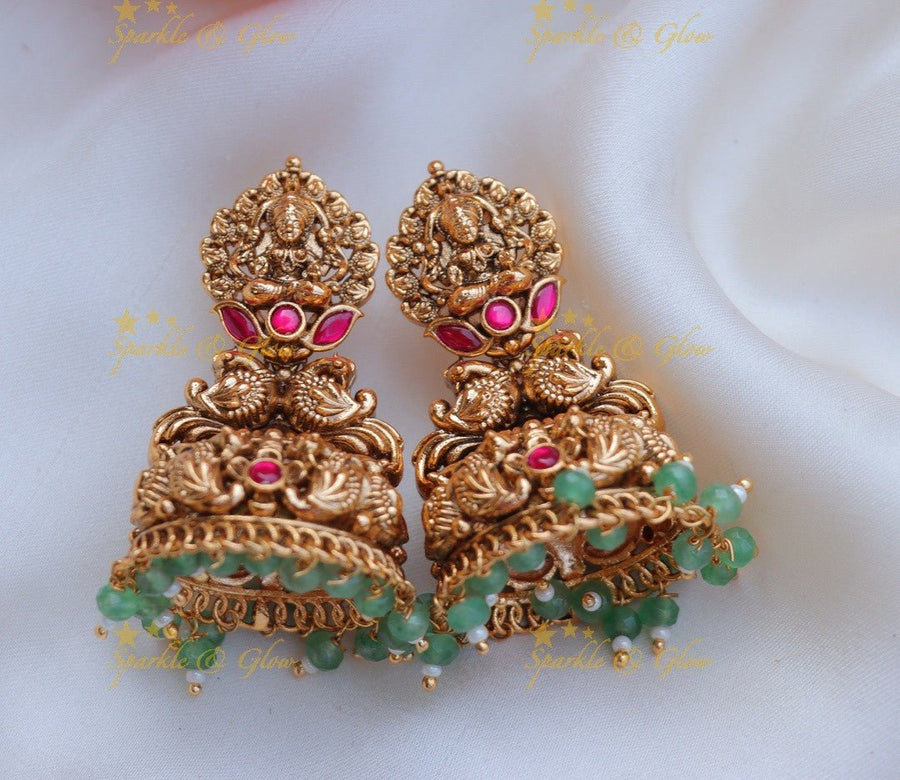 Stunning Bridal Lakshmi Peacock carved kemp Jhumuka - Mintgreen - Sparkle and Glow - Mintgreen - 