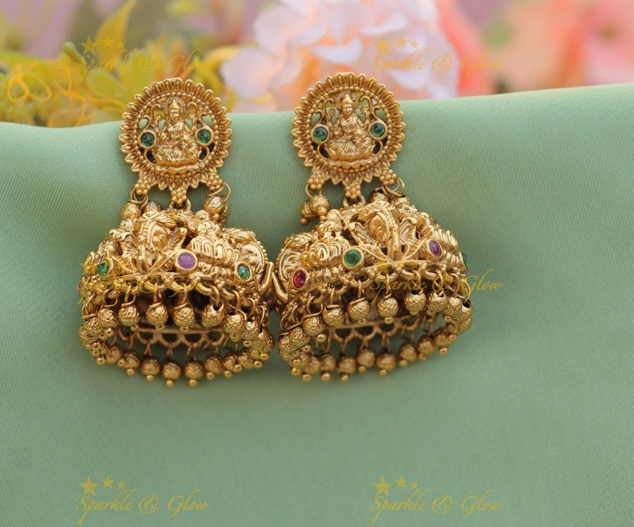 Stunning Idol Lakshmi Elephant carved Kemp jhumuka - Sparkle and Glow - 