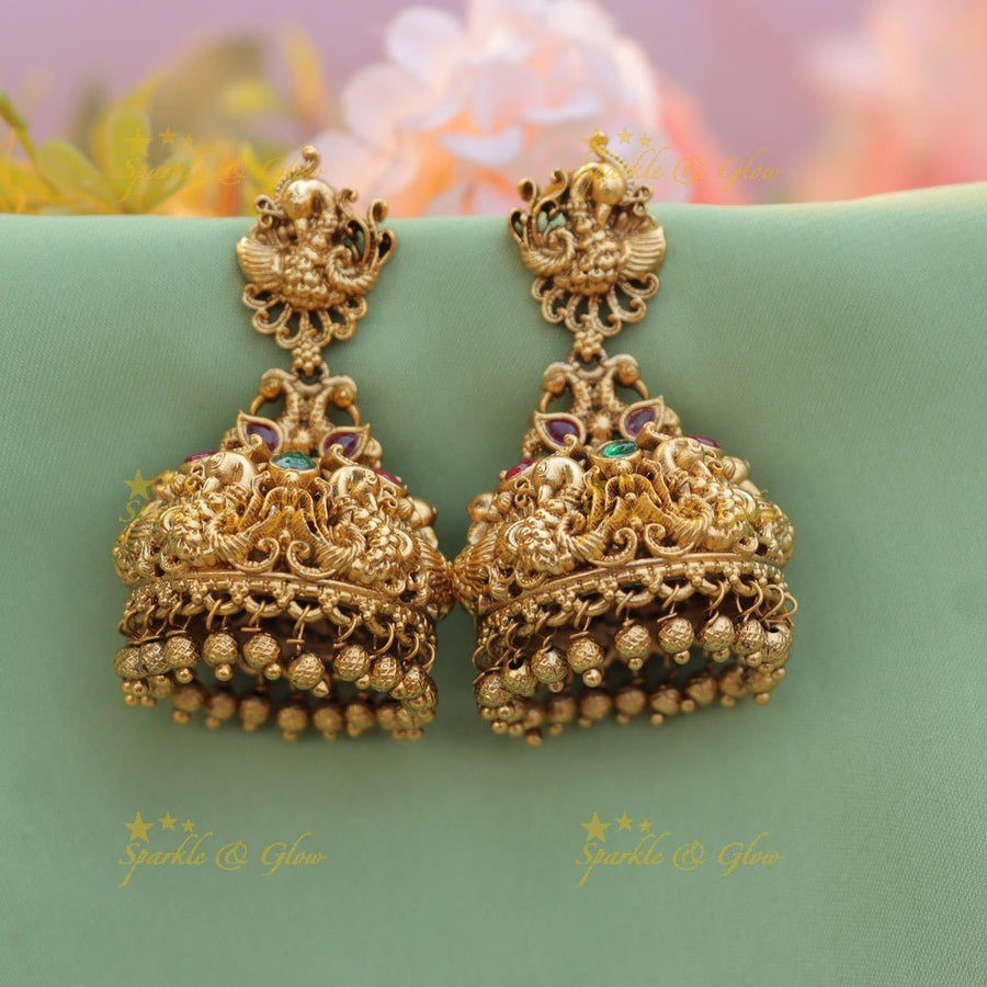 Stunning Peacock studded Floral Jhumuka with Mintgreen beads - Mintgreen - Sparkle and Glow - Gold - 