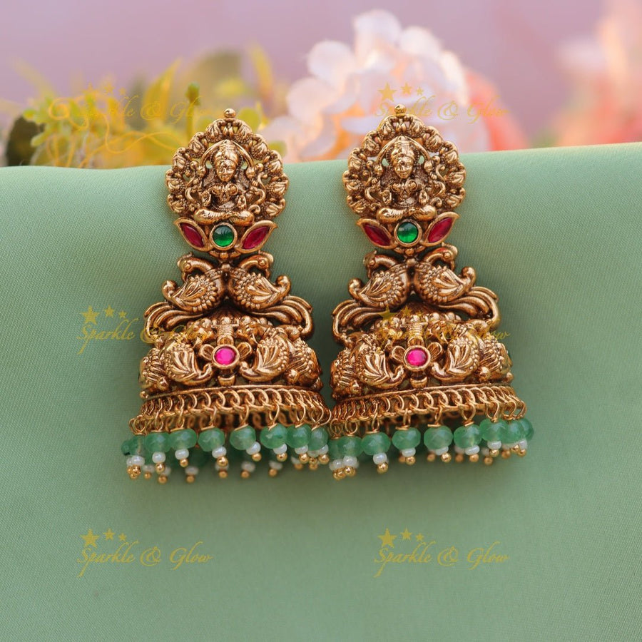 Stunning Bridal Lakshmi Peacock carved Jhumuka with Rubygreen stones - Mintgreen - Sparkle and Glow - 