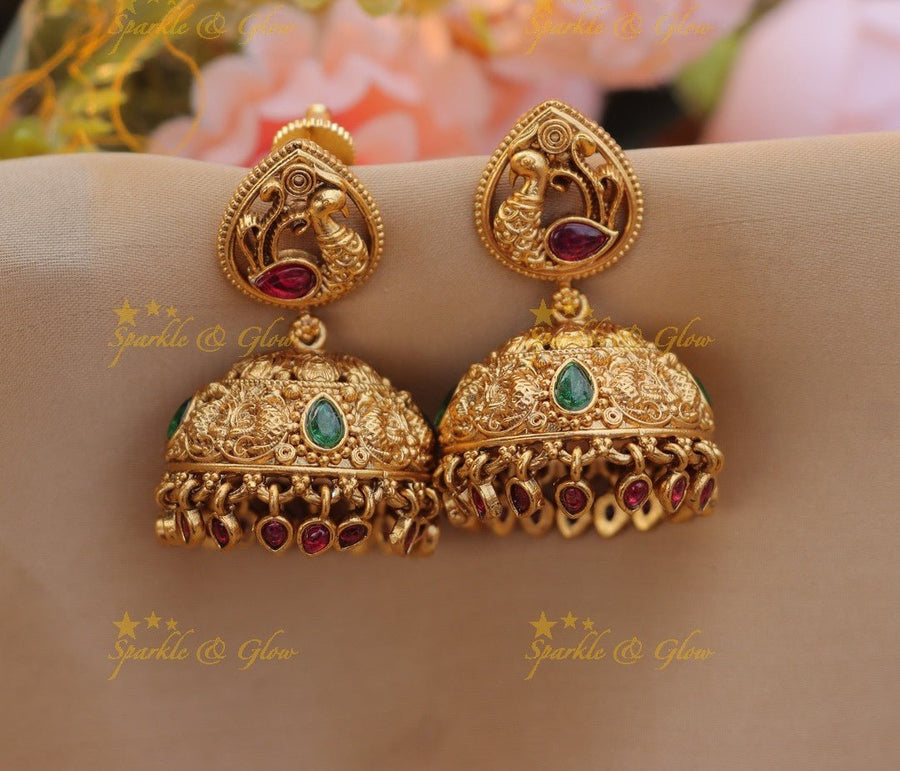 Elegant Peacock Leaf design Kemp jhumuka - Sparkle and Glow - 