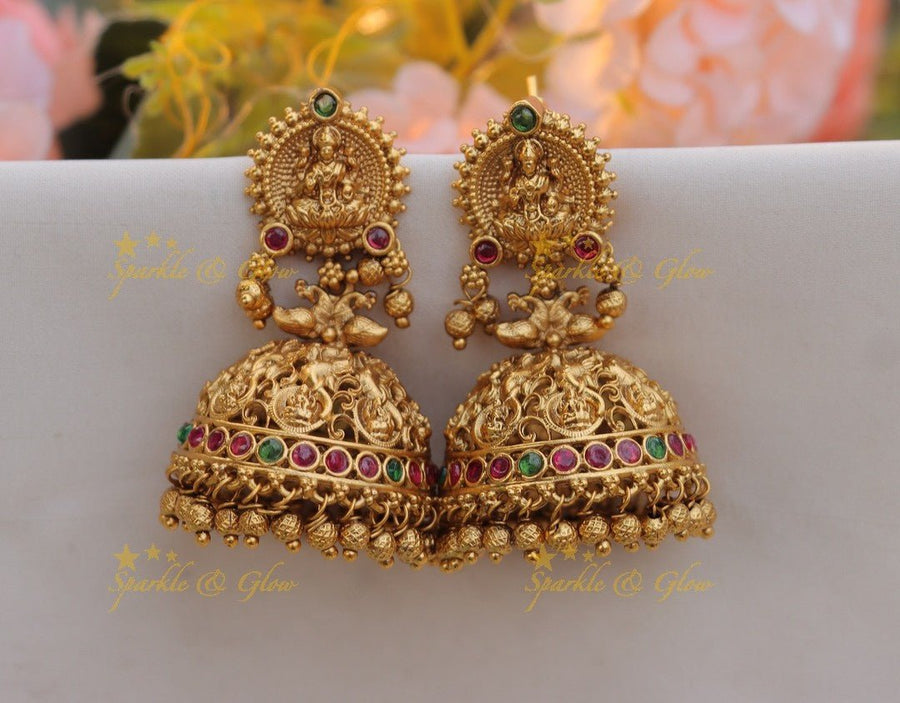 Stunning Lakshmi Peacock carved Kemp jhumuka - Sparkle and Glow - 
