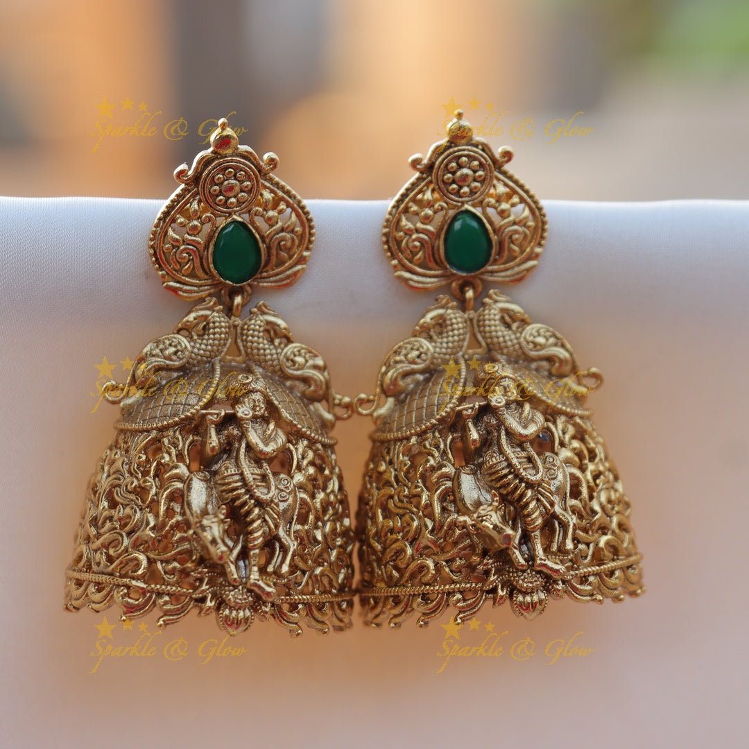 Stunning Idol Flute Krishna Peacock carved Kemp jhumuka - Sparkle and Glow - 