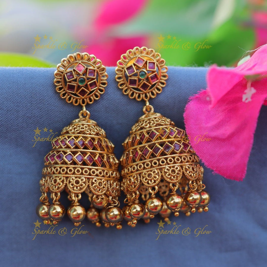 Grand Bridal Rhombus Floral design Kemp jhumuka with gold beads - Sparkle and Glow - 