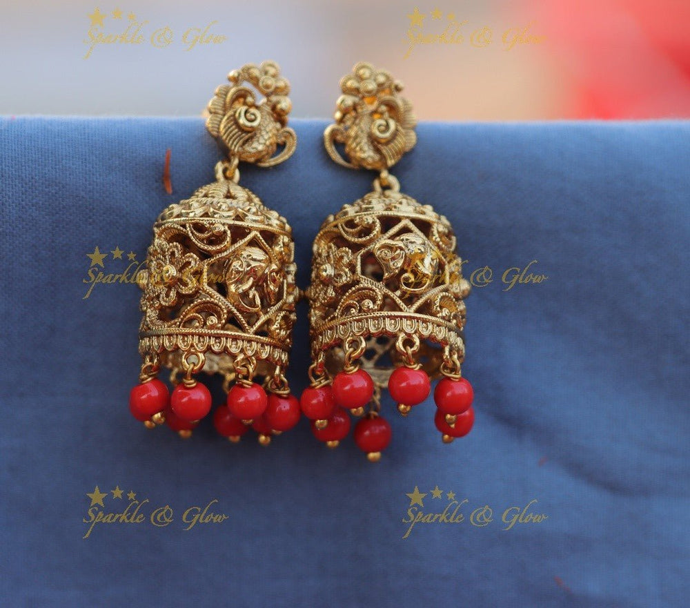 Stunning Peacock Elephant Floral carved jhumuka with Coral beads - Sparkle and Glow - Coral - 