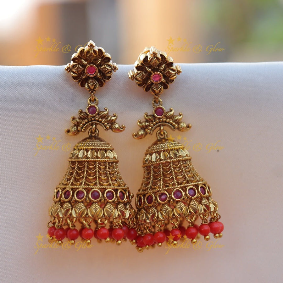 Grand Floral studded Kemp Leaf Jhumuka - Sparkle and Glow - 