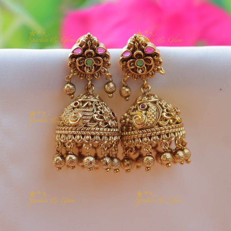 Elegant Dual tone Peacock Floral Kemp jhumuka - Sparkle and Glow - 