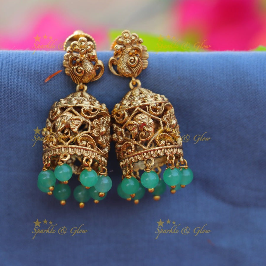 Stunning Peacock Elephant Floral carved jhumuka with Coral beads - Sparkle and Glow - Mintgreen - 