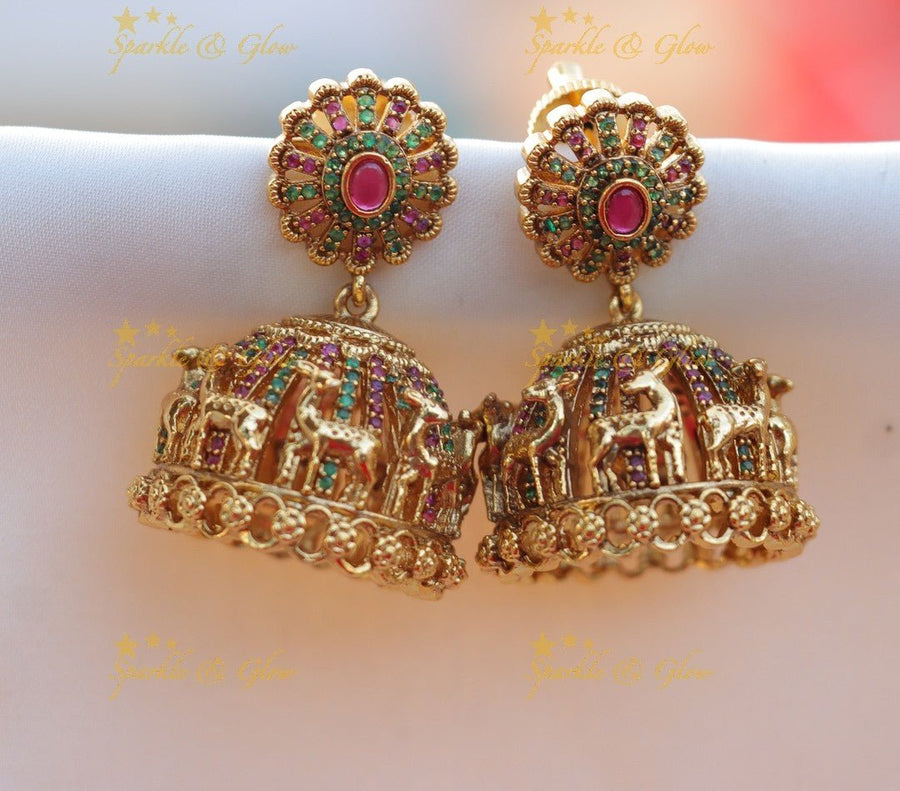 Stunning Floral Deer design Kemp jhumuka - Sparkle and Glow - 