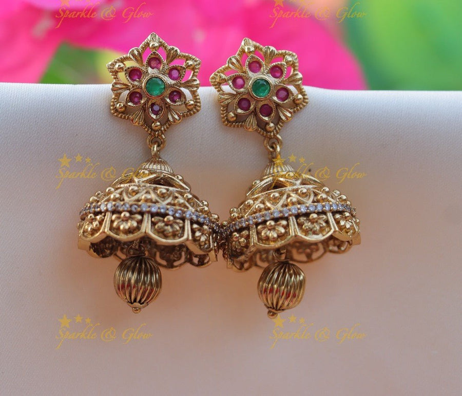 Elegant Kemp Sunflower design Jhumuka with Gold ball beads - Sparkle and Glow - 