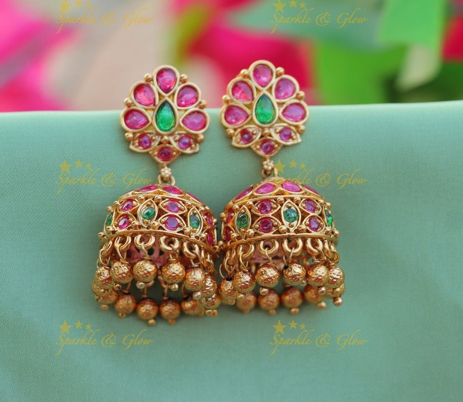 Statement Kemp Stone Floral Jhumuka - Sparkle and Glow - 