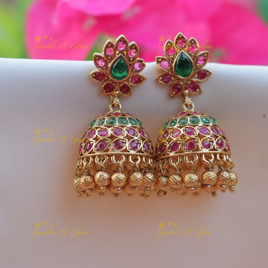 Statement Lotus Floral design Kemp jhumuka - Sparkle and Glow - 