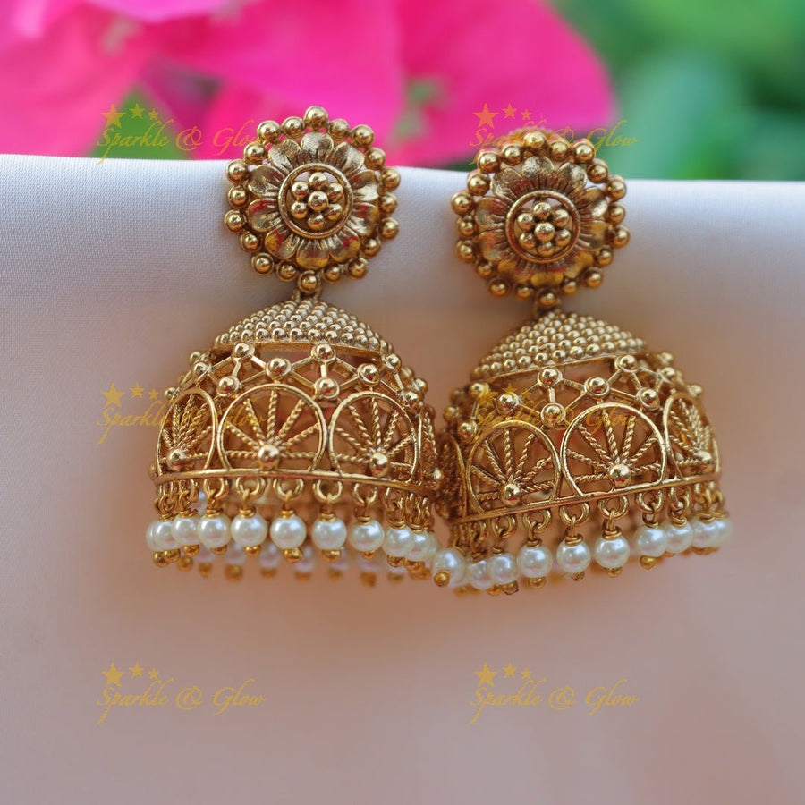 Intricately carved gold alike Flower studded Jhumuka - Sparkle and Glow - 