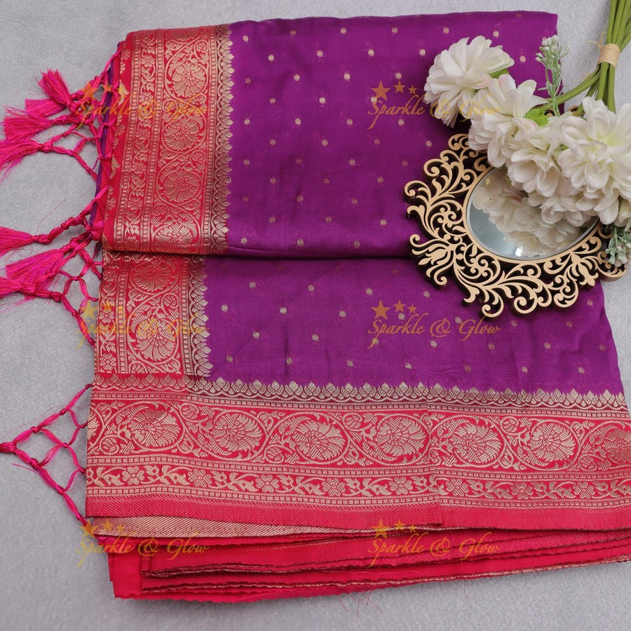 Royal Purple Banarasi Silk Saree with Intricate Red Zari Border - Sparkle and Glow - Purple with Red - 