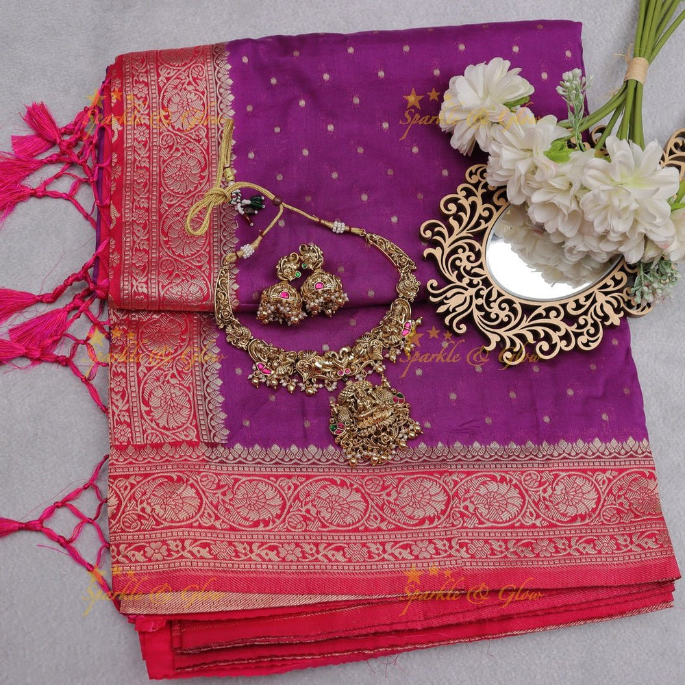 Royal Purple Banarasi Silk Saree with Intricate Red Zari Border - Sparkle and Glow - Purple with Red - 