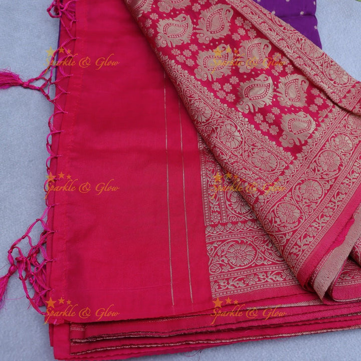 Royal Purple Banarasi Silk Saree with Intricate Red Zari Border - Sparkle and Glow - Purple with Red - 