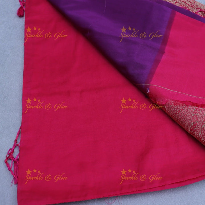 Royal Purple Banarasi Silk Saree with Intricate Red Zari Border - Sparkle and Glow - Purple with Red - 
